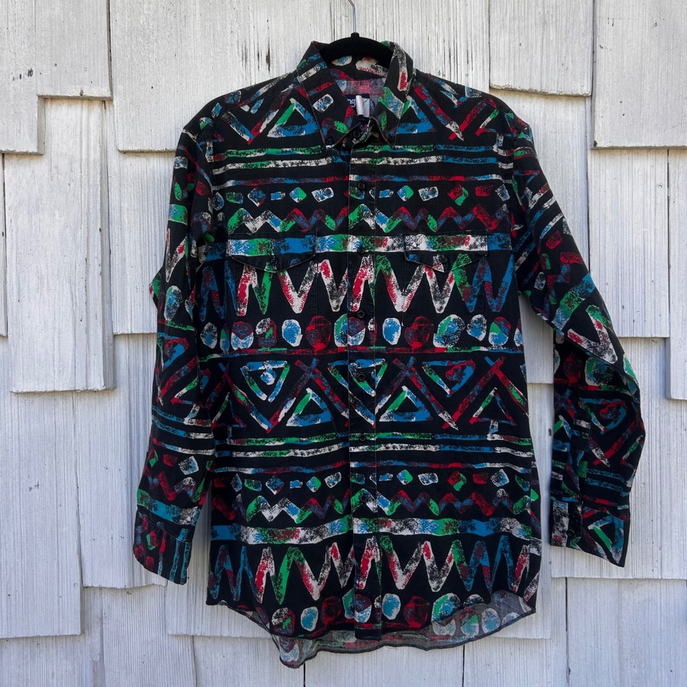 Vintage Wrangler Cowboy Cut Western Shirt Mens Aztec‎ Geometric Made in USA